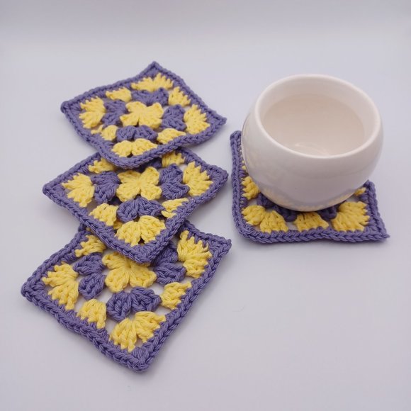 Handcrafted Cotton Coasters - Set of 4 - Purple and Yellow - Picture 5 of 7